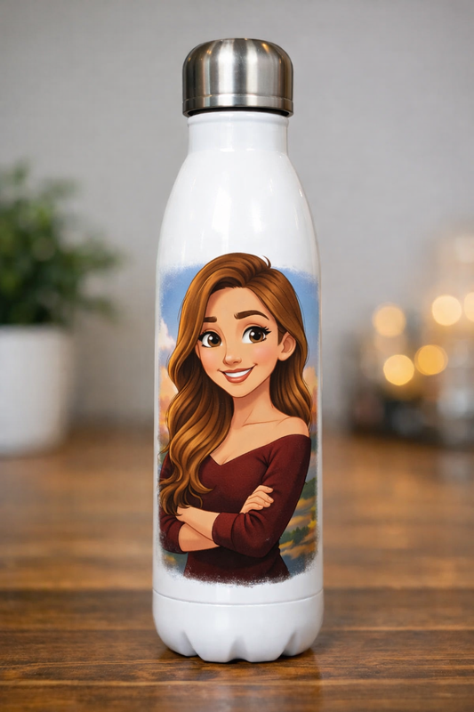 Botella blanca personalizada con caricatura estilo animación