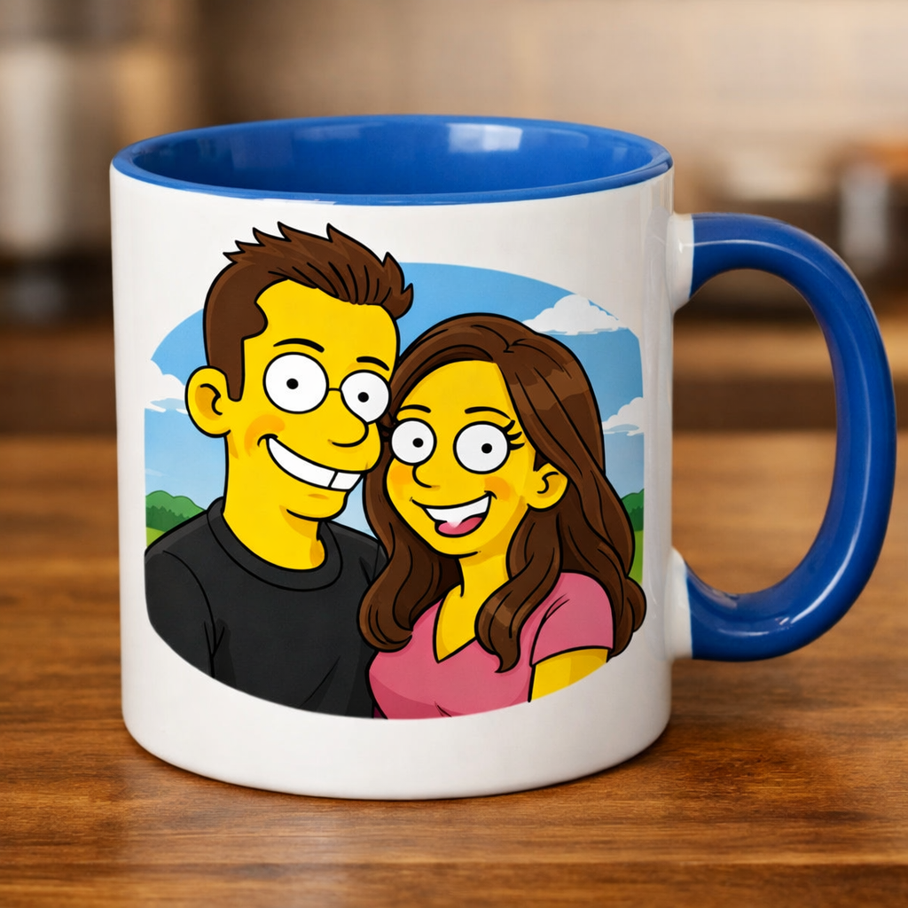 Taza personalizada pareja estilo Simpsons (interior y asa azul)