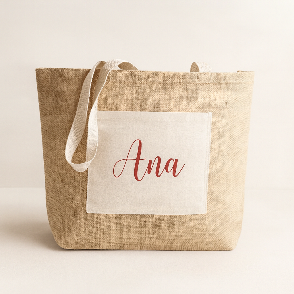 Bolso de playa de yute con bolsillo personalizado con nombre