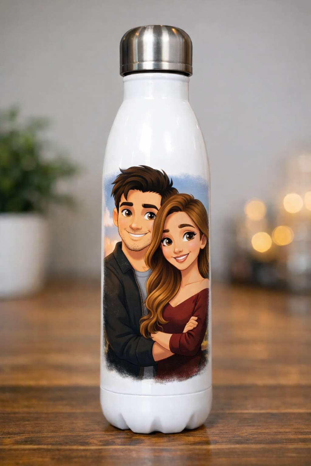 Botella blanca personalizada con caricatura estilo animación