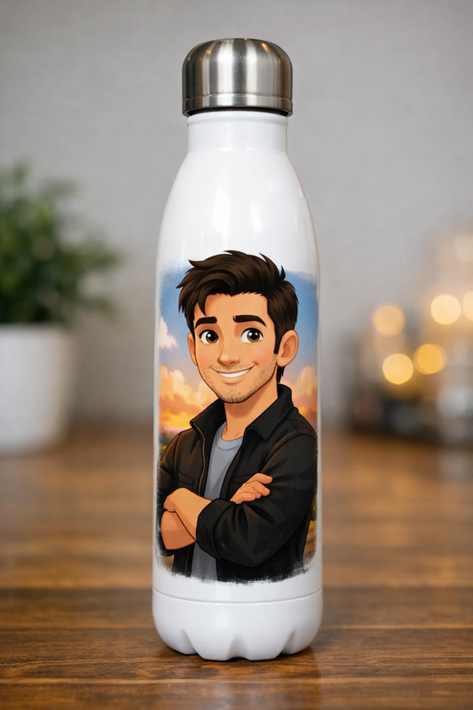 Botella blanca personalizada con caricatura estilo animación