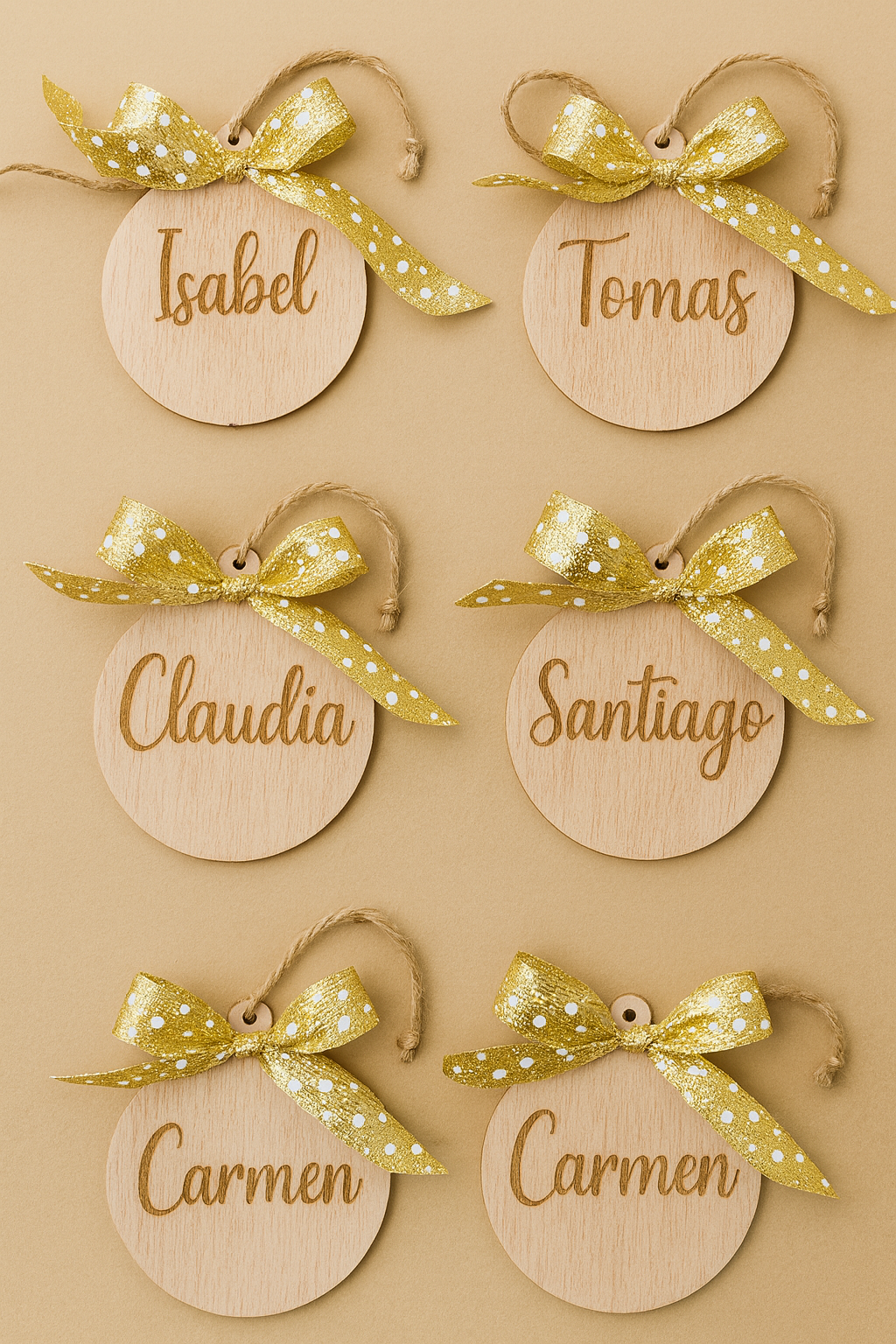 🎄 Bola de Navidad de madera personalizada con nombre y lazo dorado