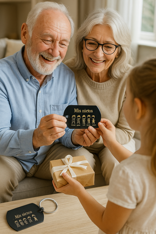 Llavero “Mis nietos / Mis nietas” personalizado – placa metálica grabada