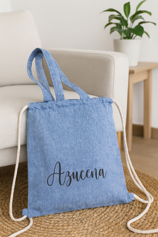 Mochila saco personalizada – Nombre (modelo denim)