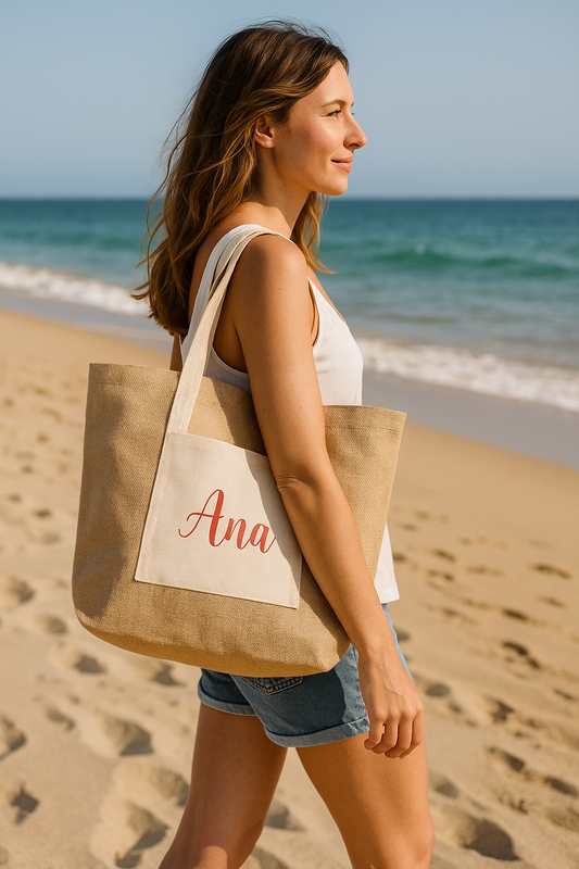 Bolso de playa de yute con bolsillo personalizado con nombre