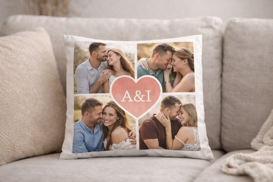 Funda de cojín Personalizado con Collage (4 Fotos) + Corazón con Iniciales