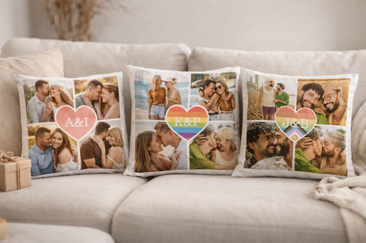 Funda de cojín Personalizado con Collage (4 Fotos) + Corazón con Iniciales